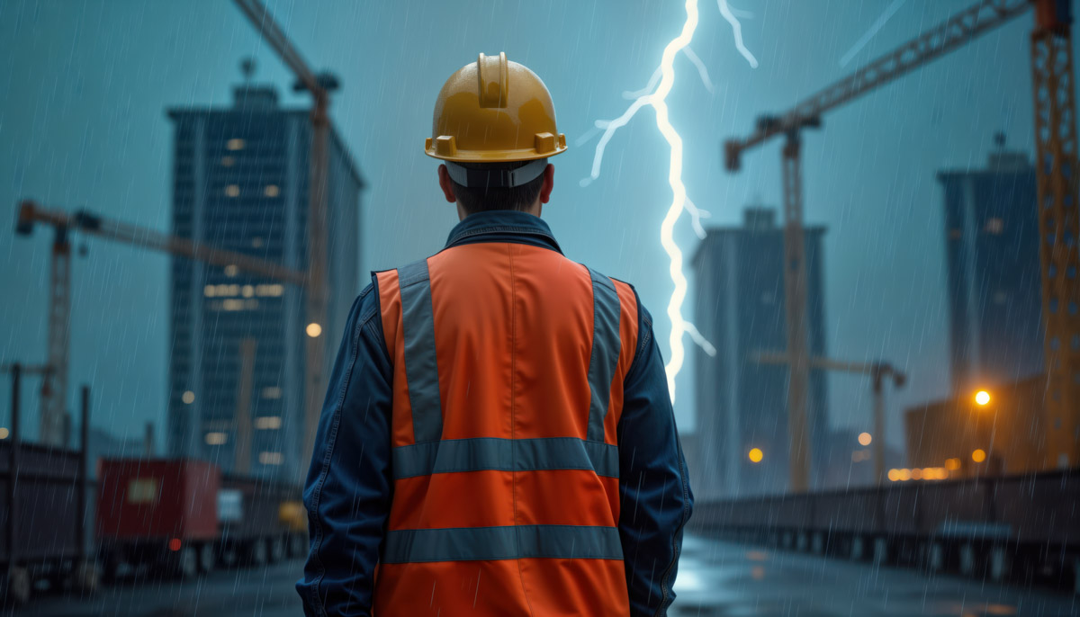 Construction worker stands focused on job site during thundersto